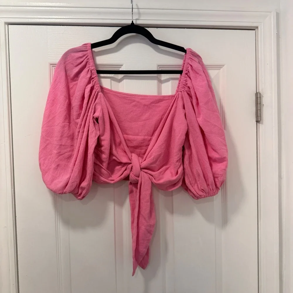 Free People Jens Pirate Booty Pink Puff Sleeve Crop Top Square Neck Smocked S